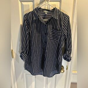 Rebecca Malone Navy & White Button Down Roll Tab 3/4 Sleeves Small